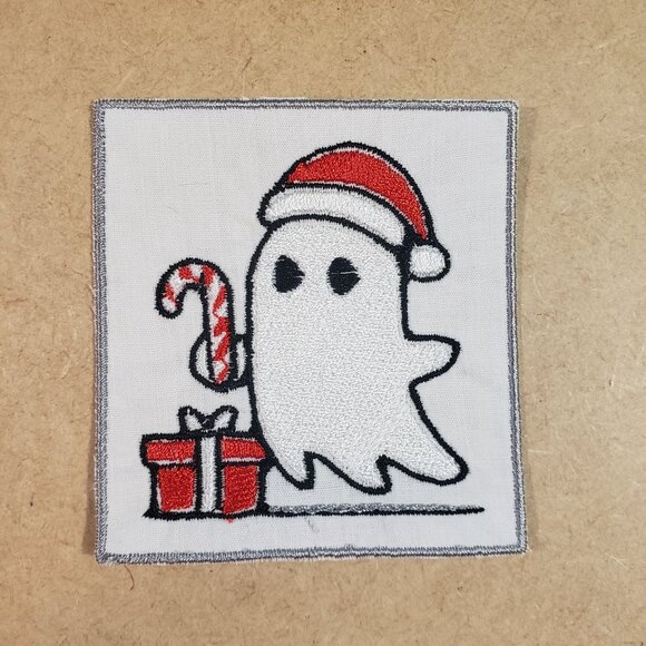 Ghost with a Christmas Present Iron-On embroidered patch - Picture 1 of 2